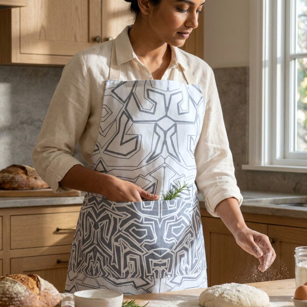 A woman in a kitchen wearing a white apron with a oil grey maze-like geometric pattern, sprinkling flour over dough on a counter with bread and kitchen items visible from Hem And Tassel 