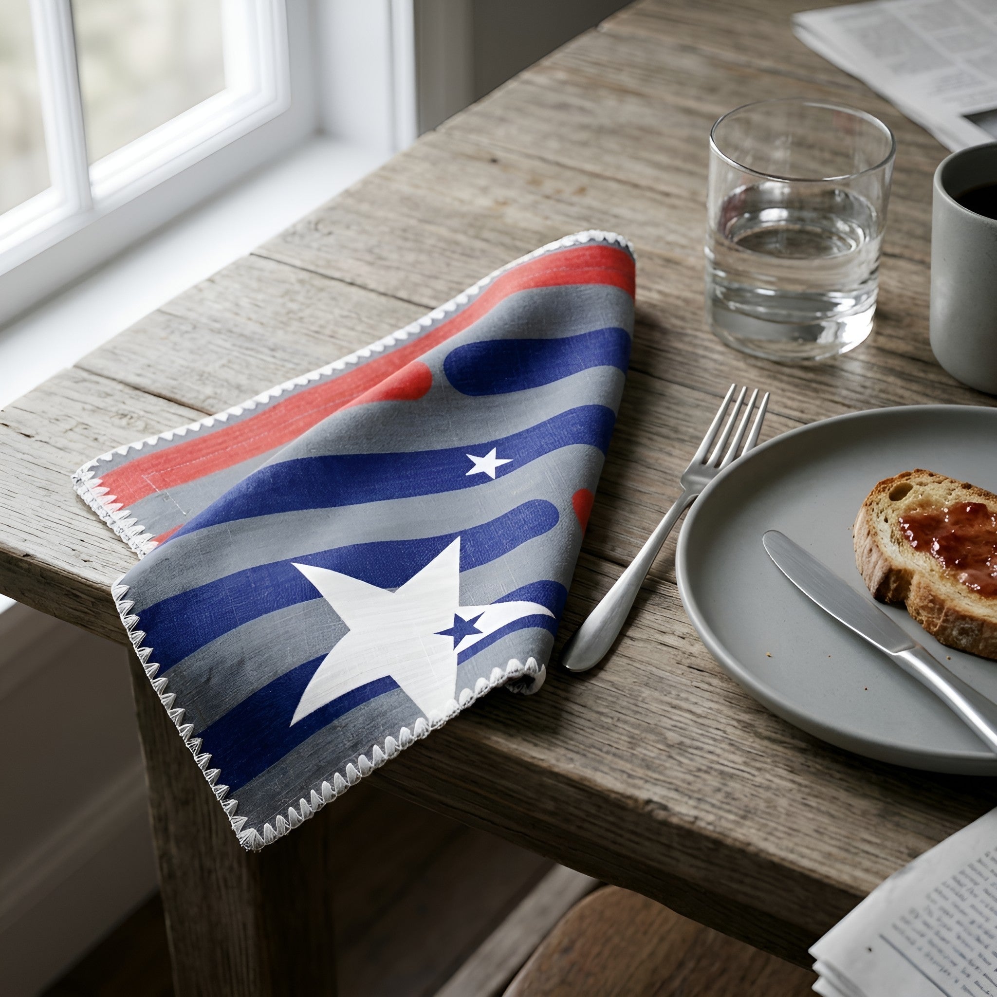 A folded cloth napkin with an American flag design featuring red, white, and blue stripes and stars, styled on a rustic wooden table next to a plate with toast, a glass of water, and cutlery from Hem And Tassel 