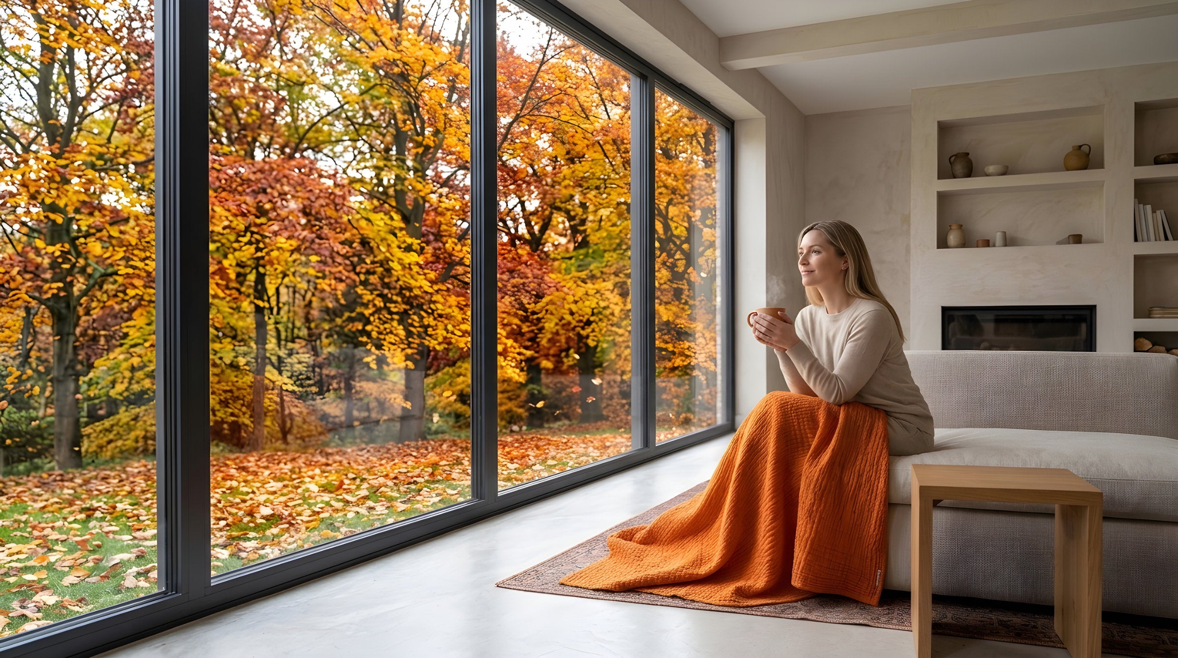 A woman sits on a sofa by a large window wrapped in an orange throw blanket, looking out at an autumn scene outdoors from Hem And Tassel 