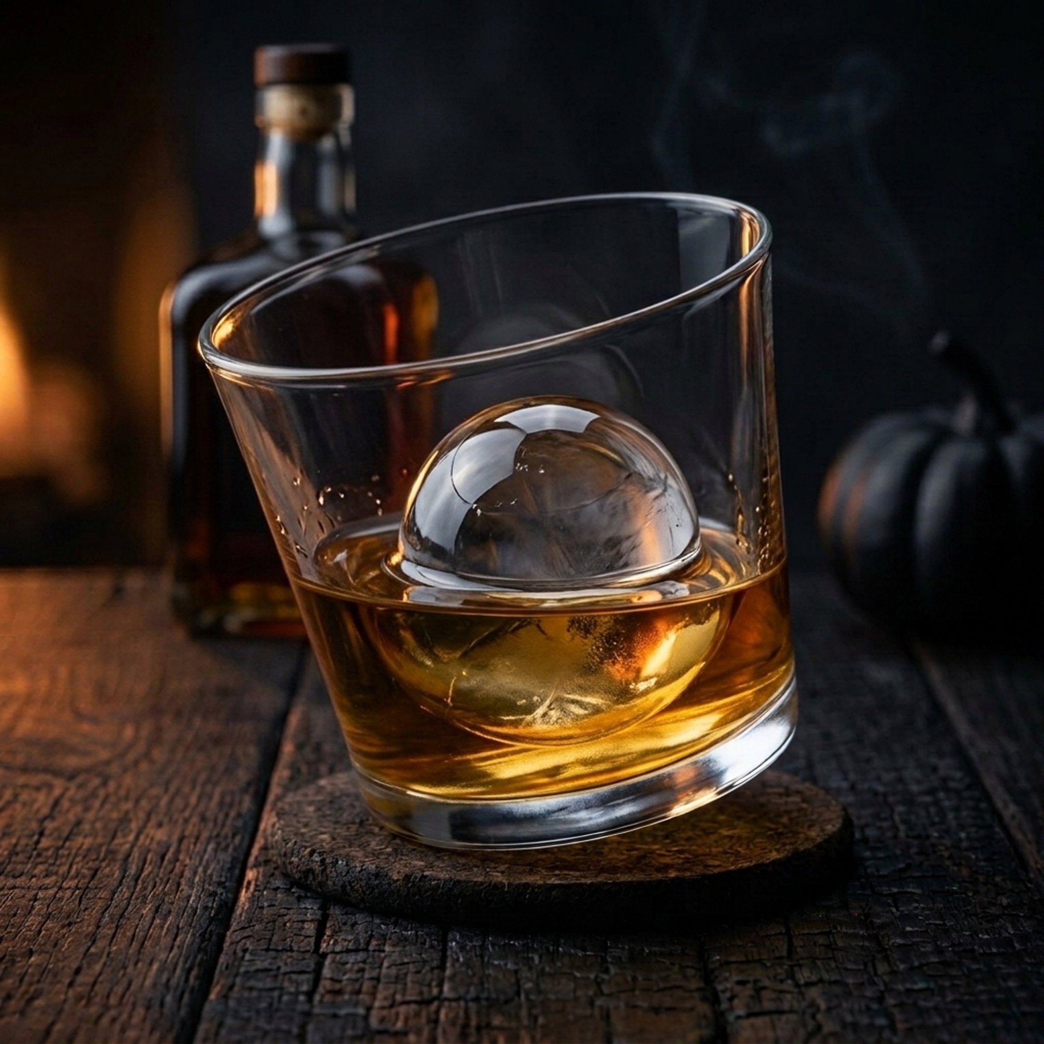 A clear whiskey tumbler glass filled with amber liquor and a large spherical ice ball, set on a dark wooden coaster with a bottle blurred in the background from Hem And Tassel 