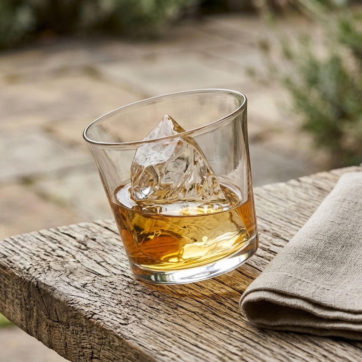 A clear tottering glass filled with amber whiskey and a large ice cube, set on a rustic wooden table beside a folded beige cloth, with a softly blurred outdoor background from Hem And Tassel 
