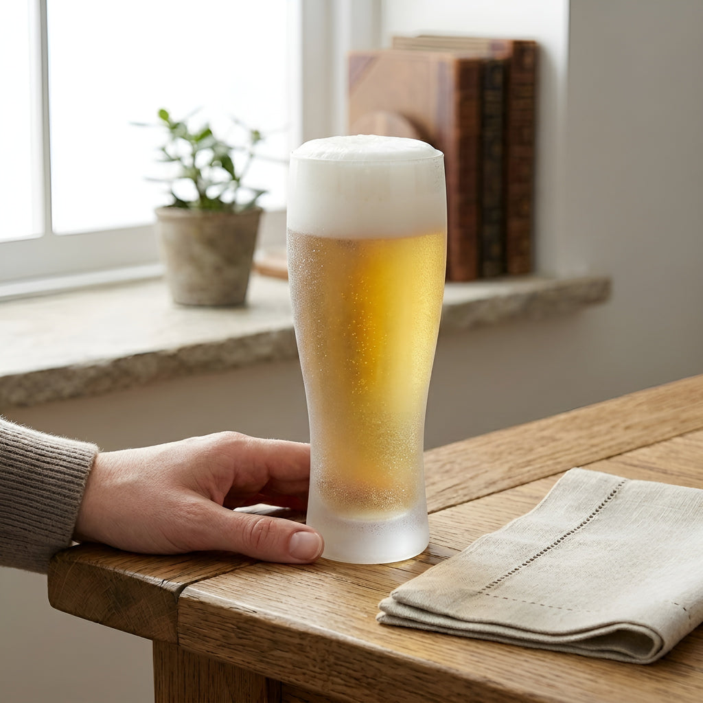 A frosted tumbler glass filled with a golden beer and topped with thick white foam, held by a person's hand on a wooden table in a cozy indoor setting.