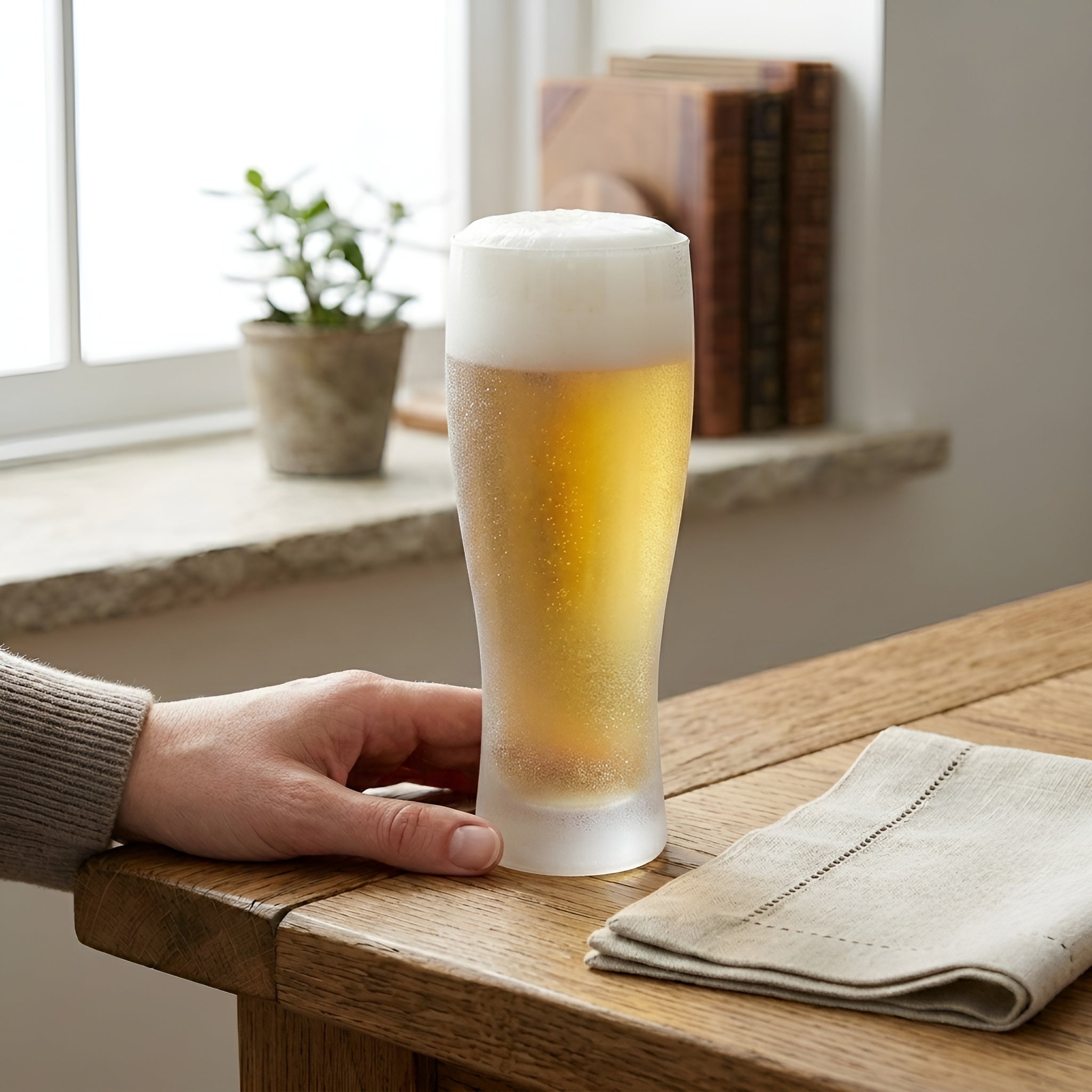 A frosted tumbler glass filled with a golden beer and topped with thick white foam, held by a person's hand on a wooden table in a cozy indoor setting.