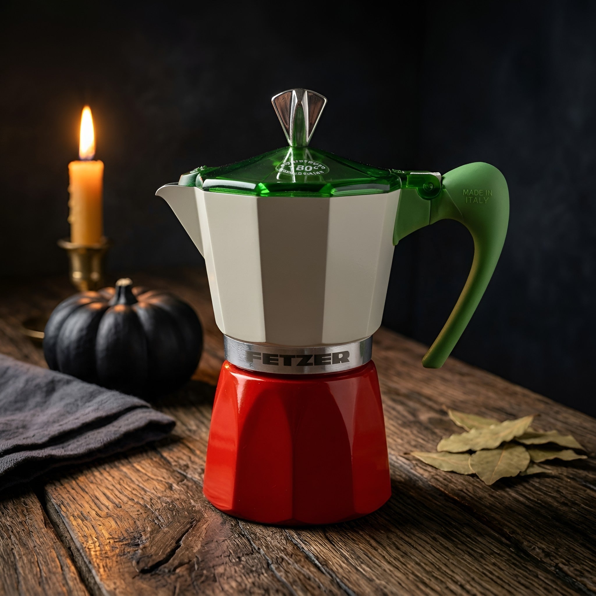 A FETZER moka pot coffee maker with a red base, cream-colored body, and green handle and lid, set on a rustic wooden table with a lit candle, a small black pumpkin, and dried leaves in the background from Hem And Tassel