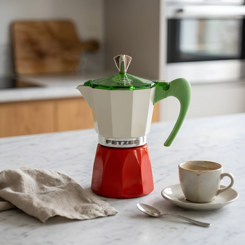 A red and cream moka pot coffee maker with a green lid and handle sits on a white marble kitchen counter next to a cup of coffee, a spoon, and a beige cloth napkin. The background shows a softly blurred kitchen interior from Hem And Tassel