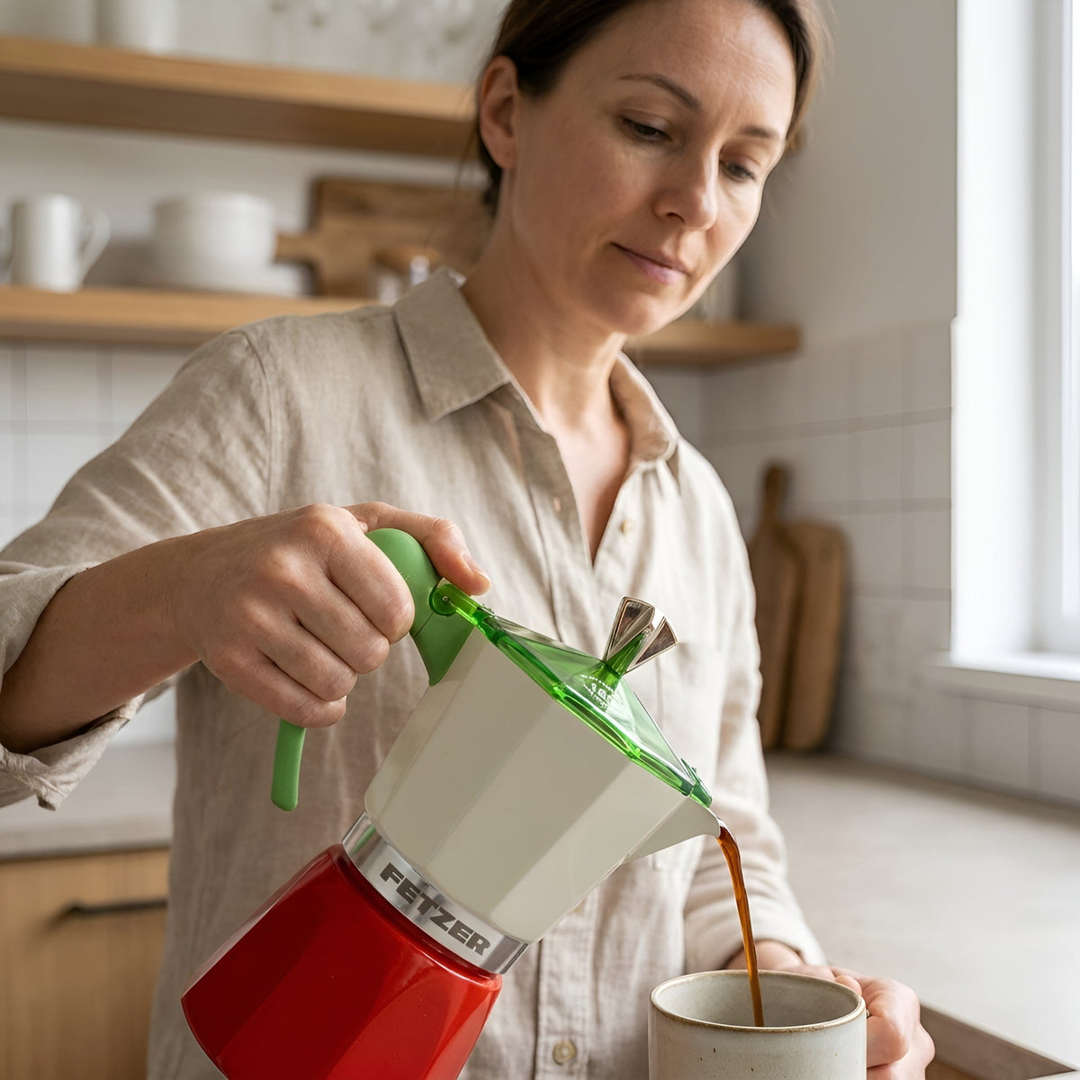 A woman in a beige shirt pours coffee from a red and white moka pot with green accents into a ceramic mug in a bright kitchen. The brand name 'PETZER' is visible on the metal band of the pot from Hem And Tassel