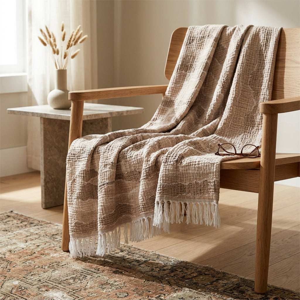 A beige and brown seersucker muslin throw blanket with a waves pattern and white tassels is draped over a wooden armchair in a warm, sunlit room. A small side table with dried grasses and a vase sits nearby, with a pair of glasses resting on the chair from Hem And Tassel 