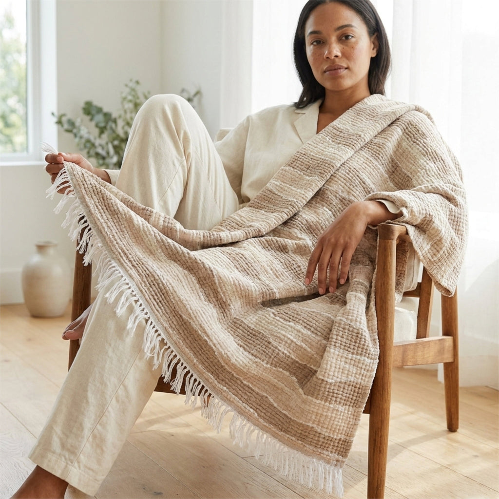 A woman sits on a wooden chair in a bright room, wrapped in a beige and brown seersucker muslin throw blanket with a waves pattern and white tassels. The blanket has a textured check pattern in warm beige and cream tones.