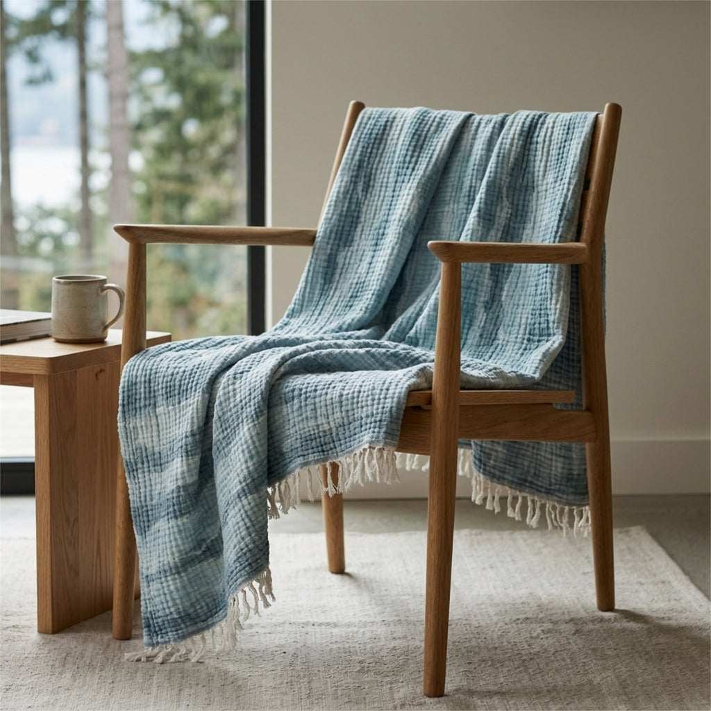 A seersucker muslin throw blanket with a waves pattern in three shades of blue, and white tassels is draped over a wooden armchair in a bright, modern room next to a small wooden side table with a mug.