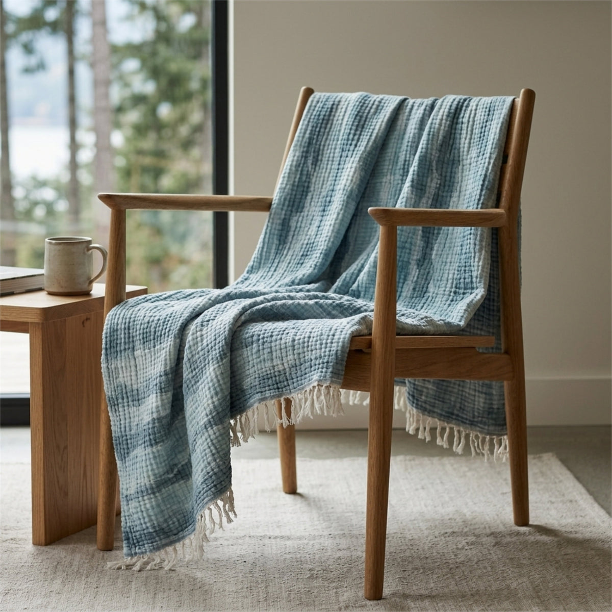 A seersucker muslin throw blanket with a waves pattern in three shades of blue, and white tassels is draped over a wooden armchair in a bright, modern room next to a small wooden side table with a mug.