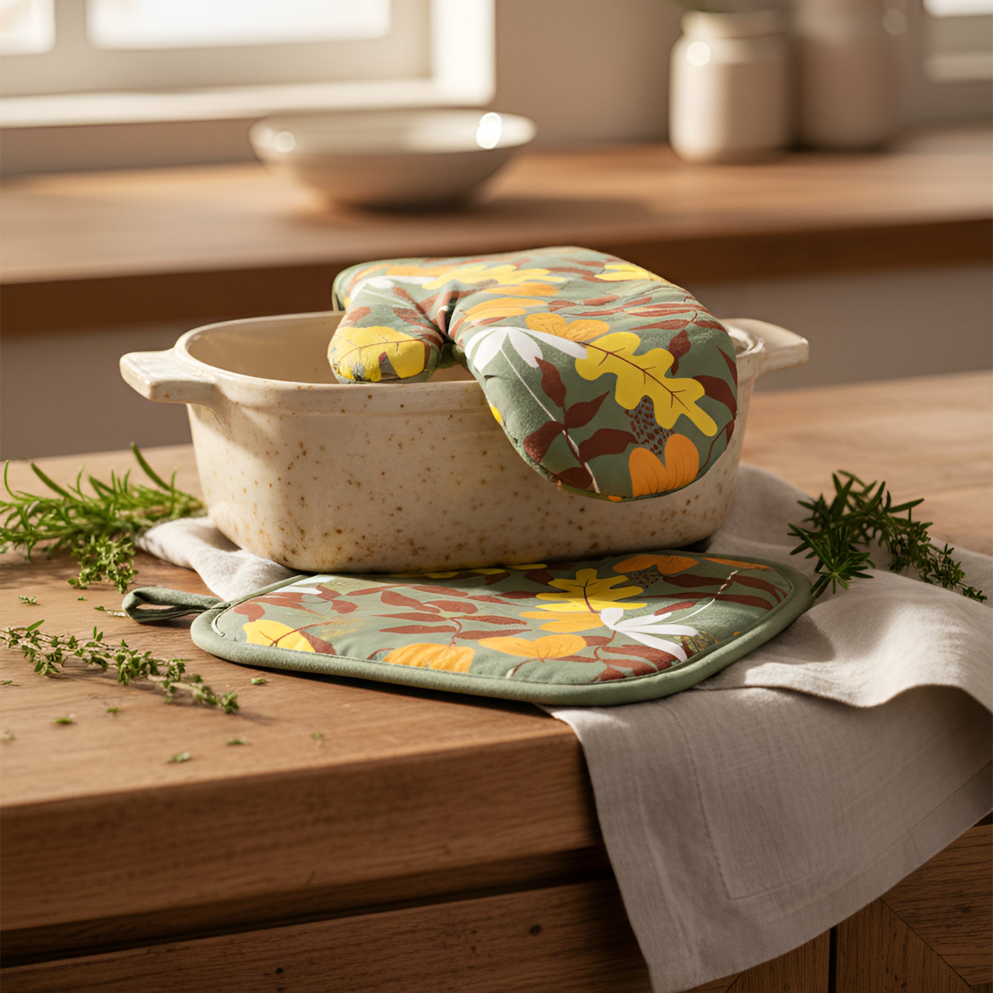 A quilted oven mitt and matching pot holder with a floral autumn leaf pattern in yellow, orange, green, and brown, displayed on a speckled cream ceramic baking dish on a wooden kitchen table.