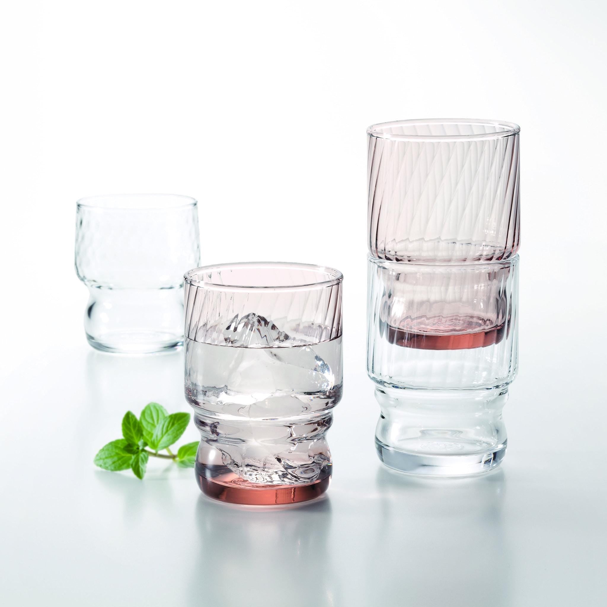 stackable glass tumblers with textured design made in Japan, from Hem And Tassel on a light gray background
