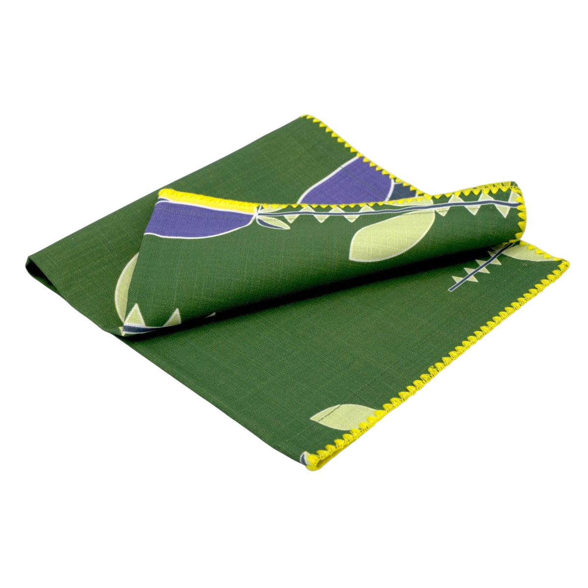 slub-cotton dinner napkin of Lip Tulip design in green, against light grey backdrop- from Hem And Tassel