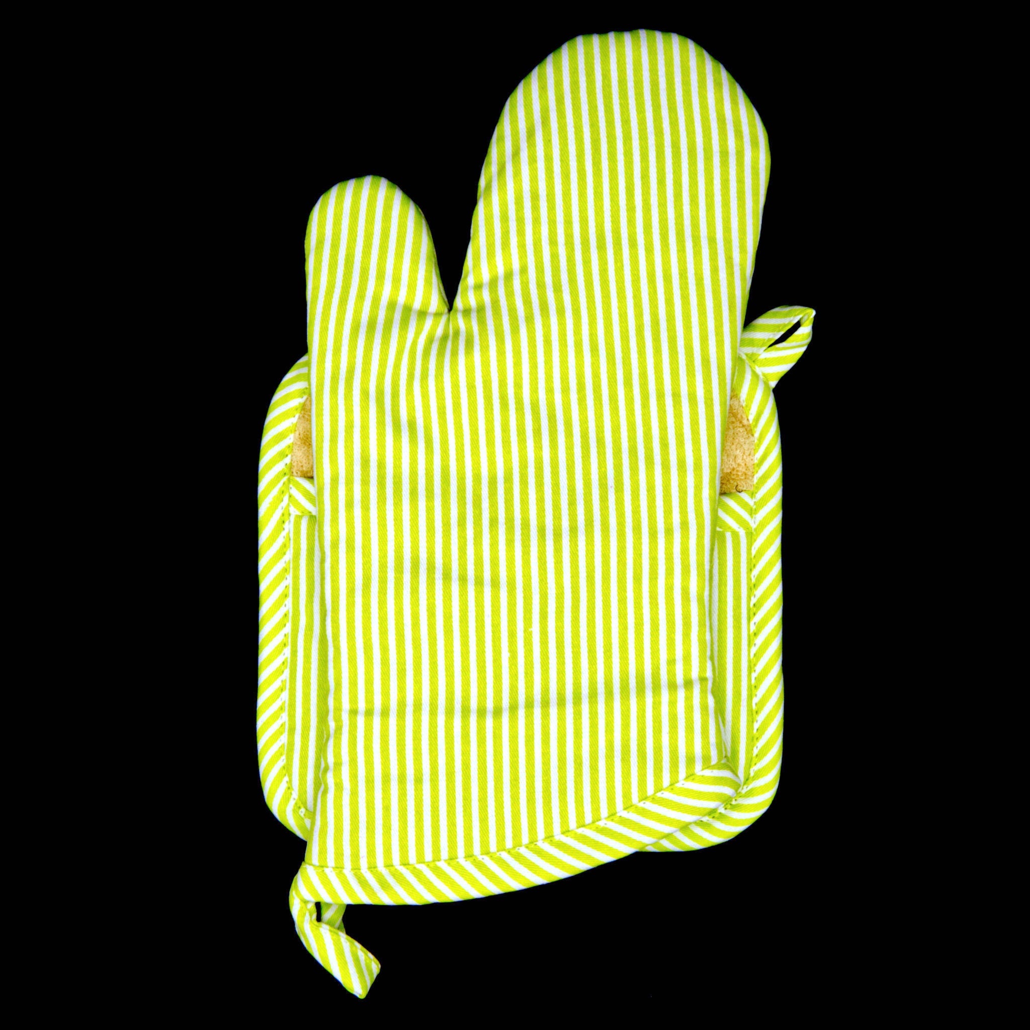 banker strip mint pot holder and oven mitt on a black background from hem and tassel