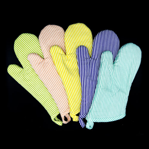Set of colorful banker stripes oven mitts fanned out on a black background from hem and tassel