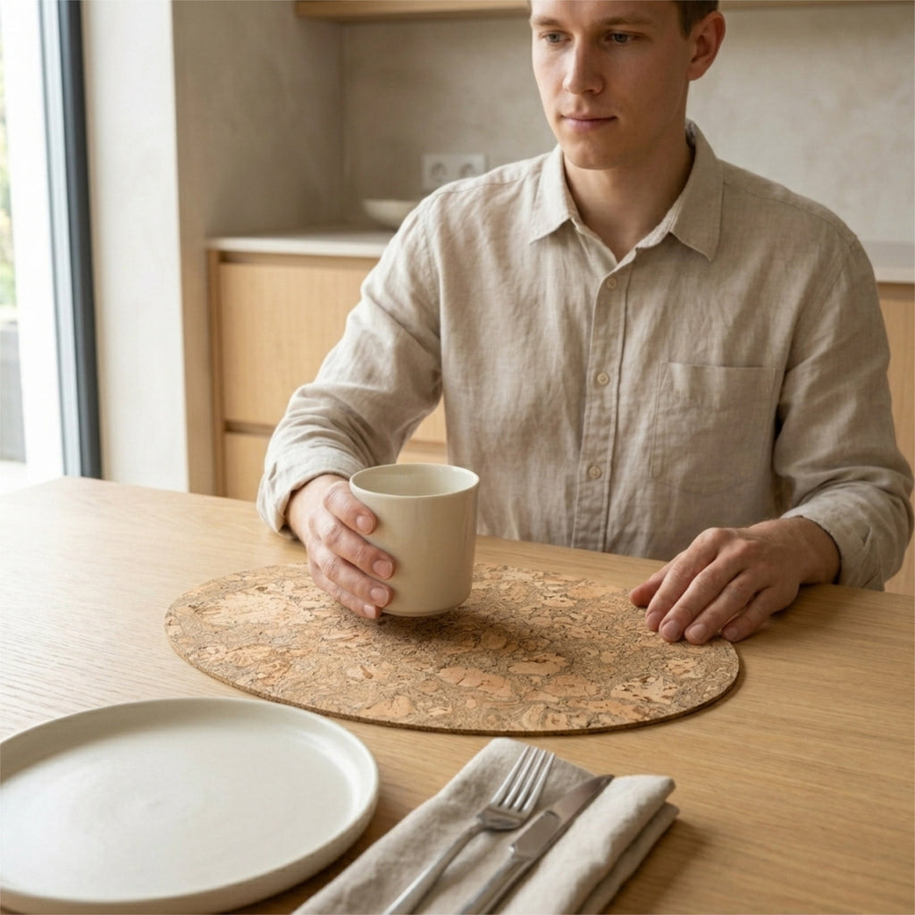 A man in a beige linen shirt sits at a wooden table holding a ceramic mug on an oval graphic bark peel cork placemat, with a plate and folded napkin in the foreground from Hem And Tassel 