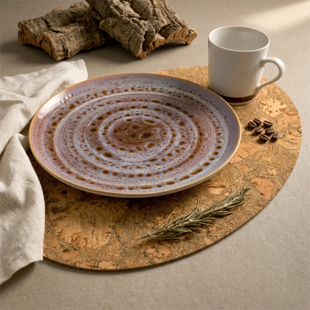 A round ceramic plate styled on an oval bark peel cork placemat with a white mug, wood bark, a cloth napkin, and rosemary on a neutral tabletop from Hem And Tassel 