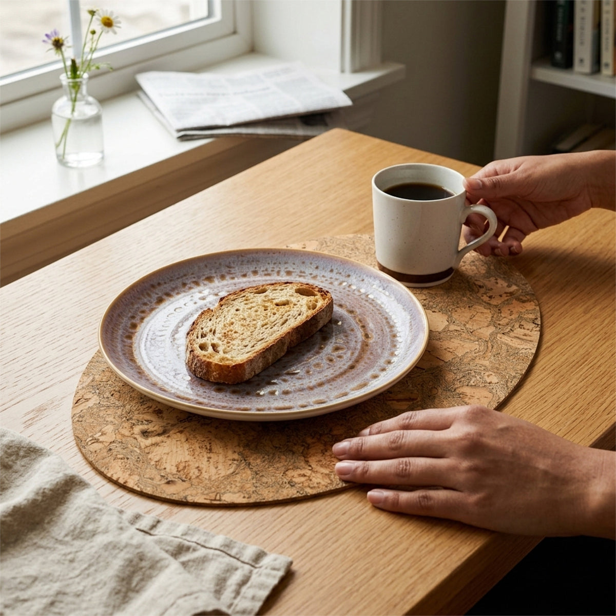 A ceramic plate sits on an oval graphic bark peel cork placemat on a wooden table, with a slice of toast on the plate and a hand holding a white mug nearby in a bright room from Hem And Tassel 