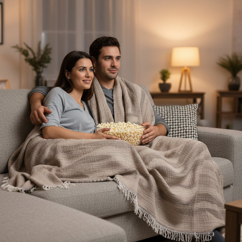 Couple sitting on a couch with popcorn, wrapped in soft seersucker waves wearable throw blanket, in a cozy living room