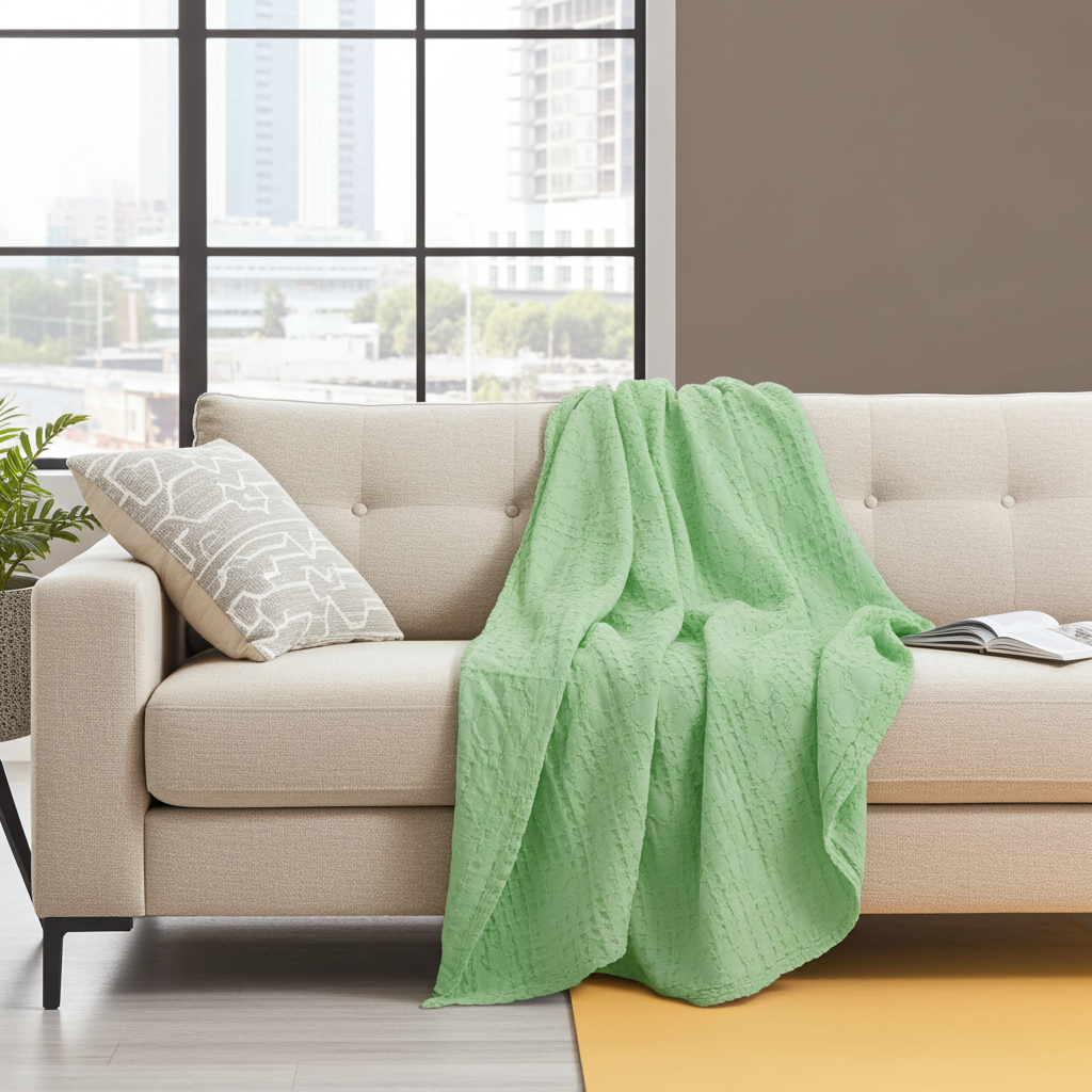 Beige sofa with a pistachio green cotton throw-blanket and white pillow in a living room setting from Hem And Tassel 