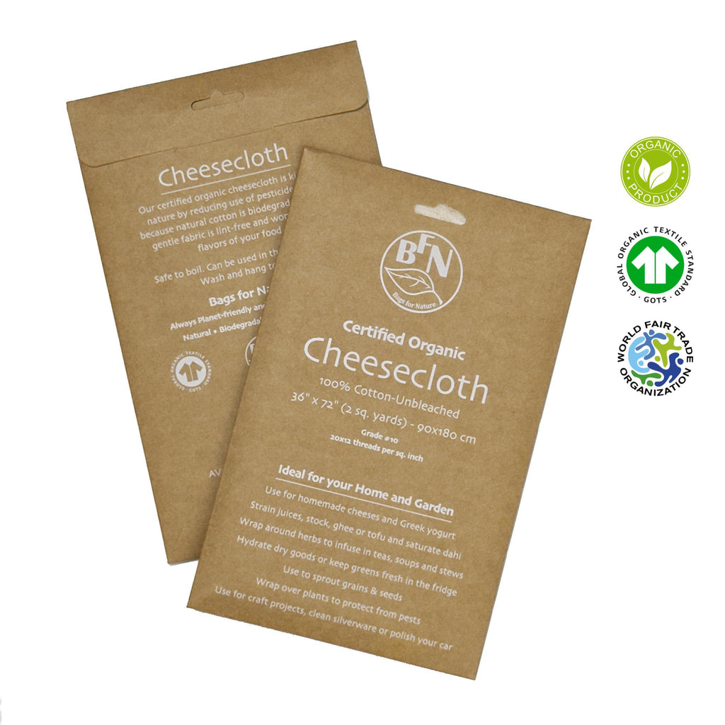 Two packages of certified organic cheesecloth with BFN logo and World Fair Trade Organization certification on a white background from Hem And Tassel 