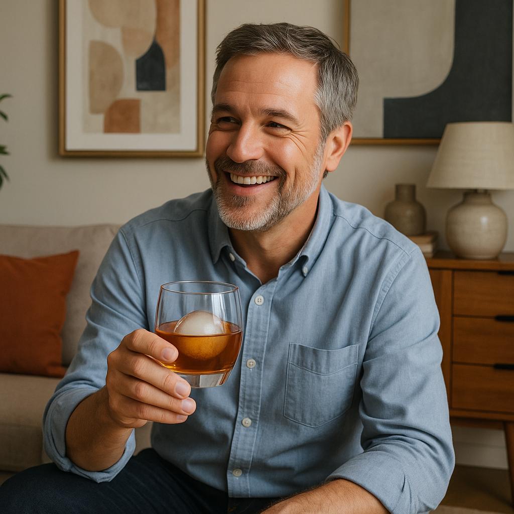 Man holding a clarity old fashioned glass of whiskey with an ice cube in a cozy living room.