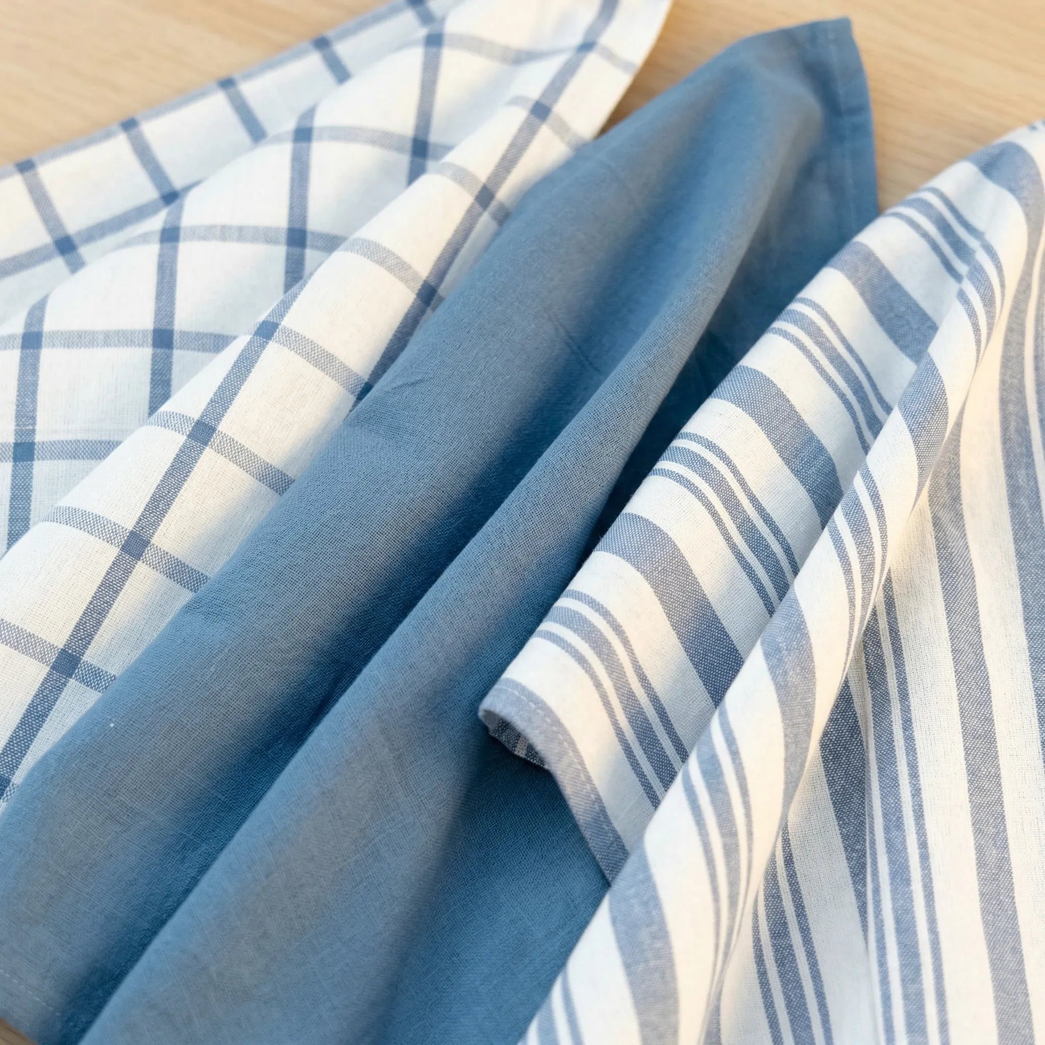 decade classics blue kitchen towels of 100% cotton - close up from Hem And Tassel