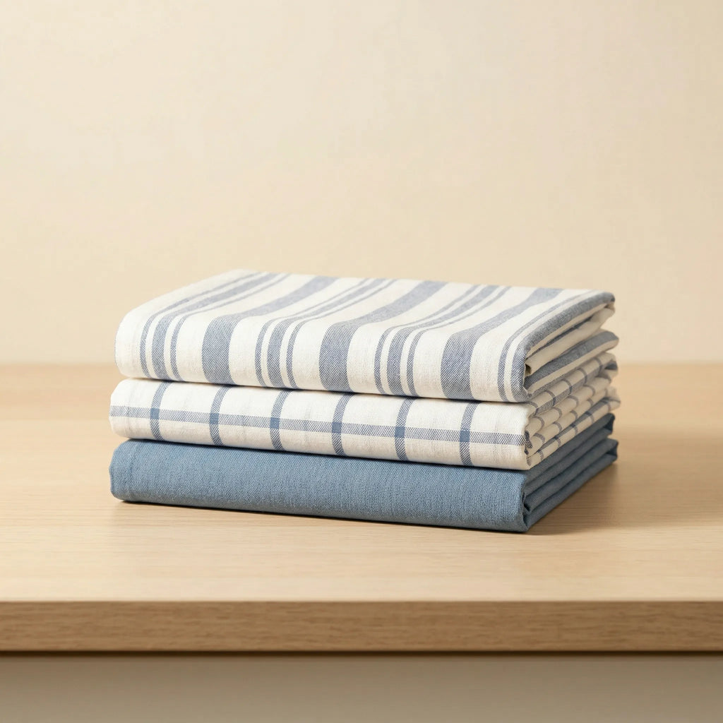 decade classics blue kitchen towels of 100% cotton - stacked and folded on a wooden table from Hem And Tassel