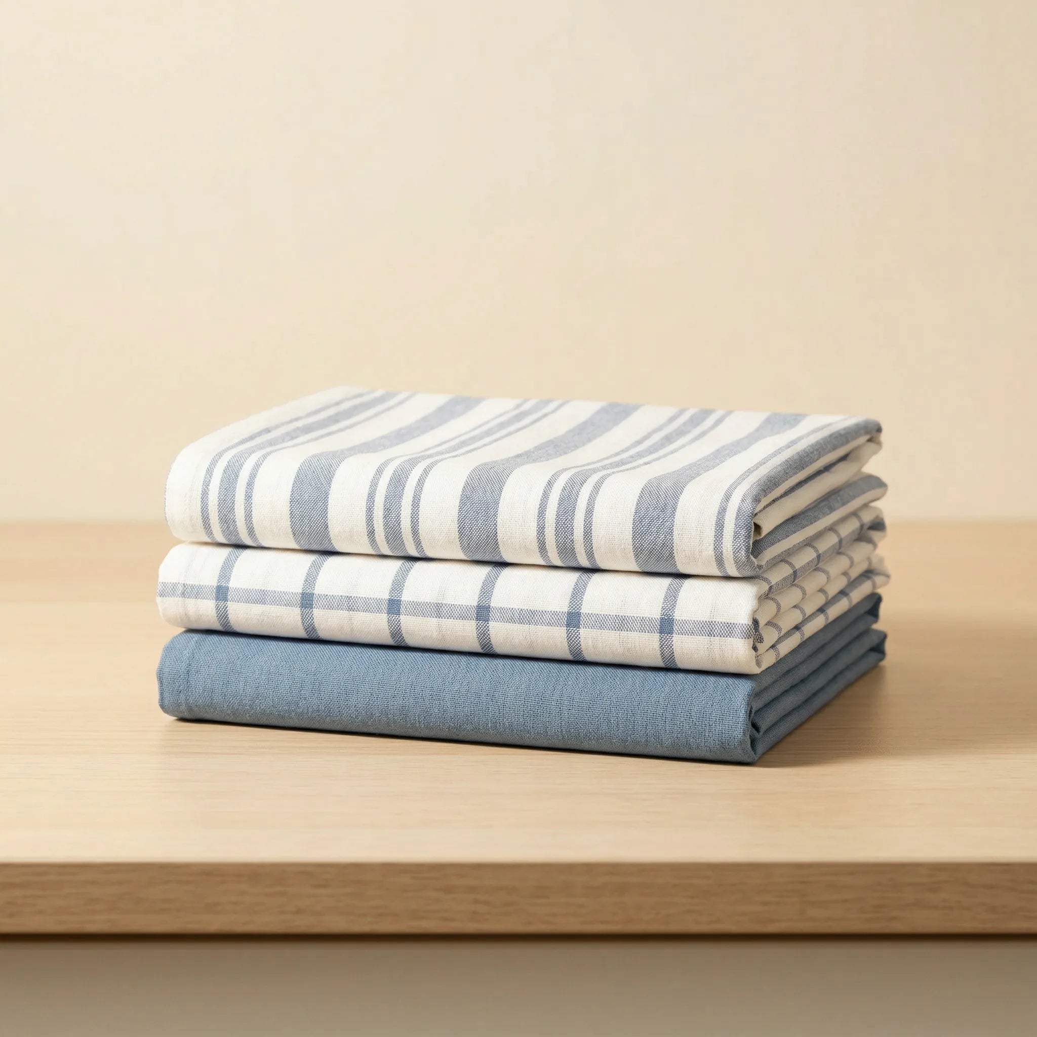 decade classics blue kitchen towels of 100% cotton - stacked and folded on a wooden table from Hem And Tassel