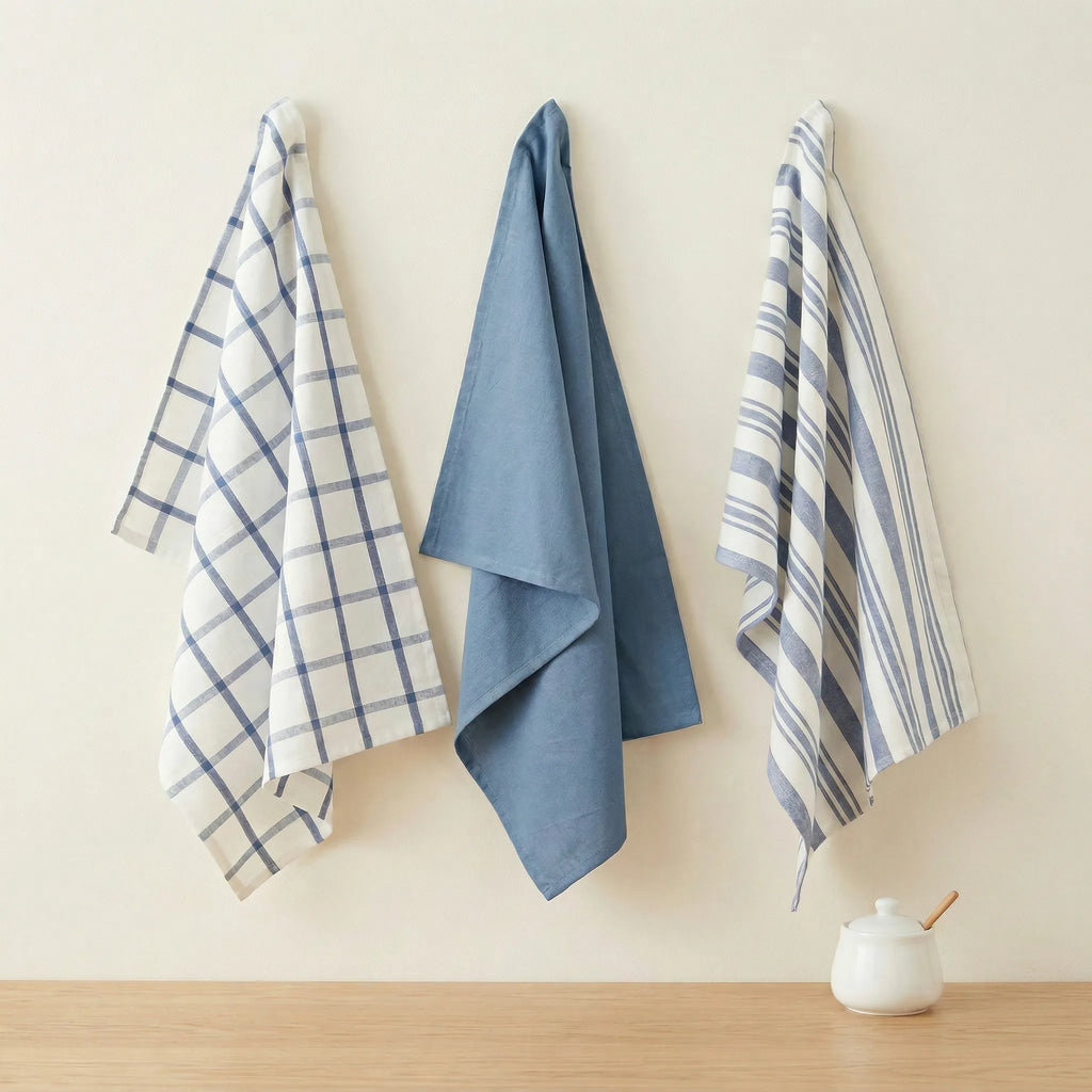 decade classics blue - set of three kitchen towels of 100% cotton -  hanging against a cream backdrop from Hem And Tassel 
