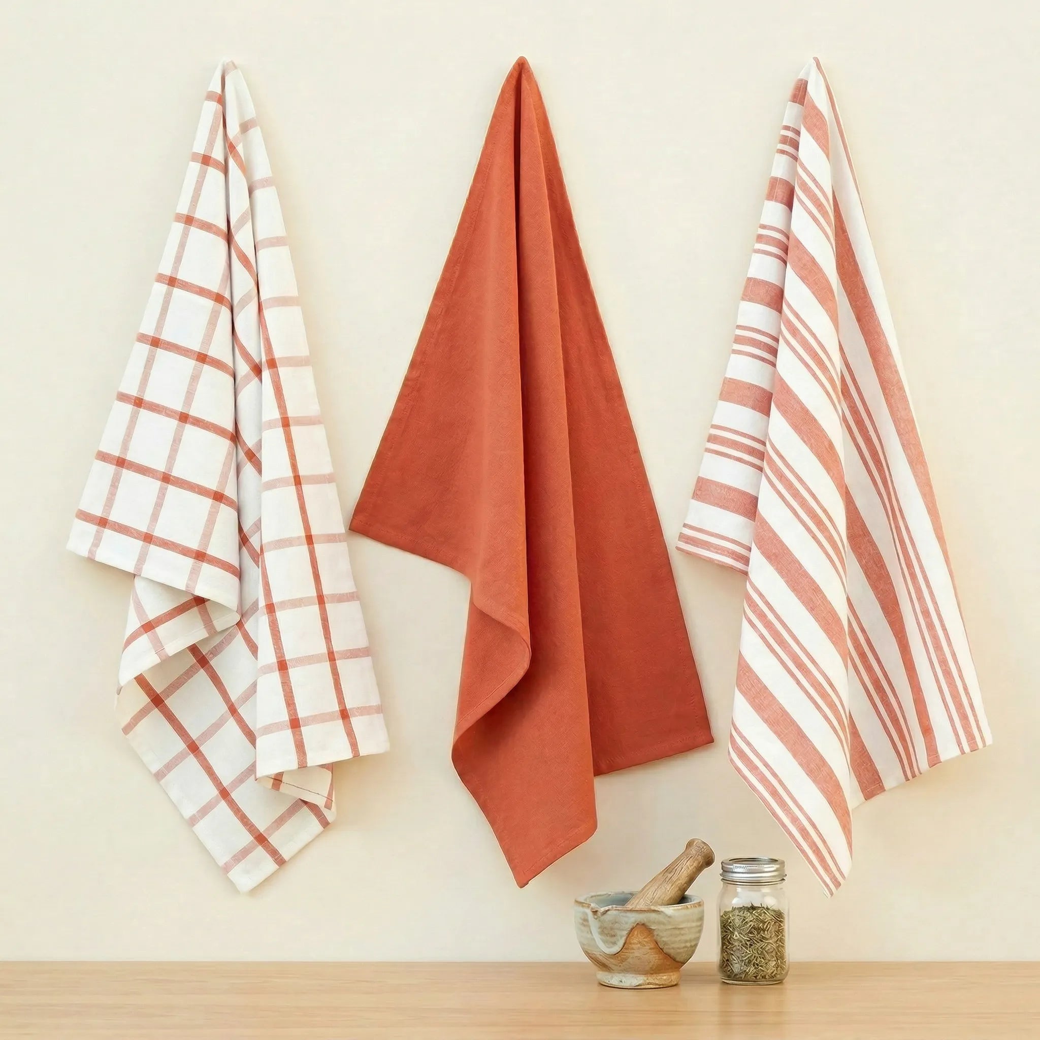 decade classics rust - set of three 1kitchen towels of 100% cotton - hanging against a cream backdrop from Hem And Tassel 
