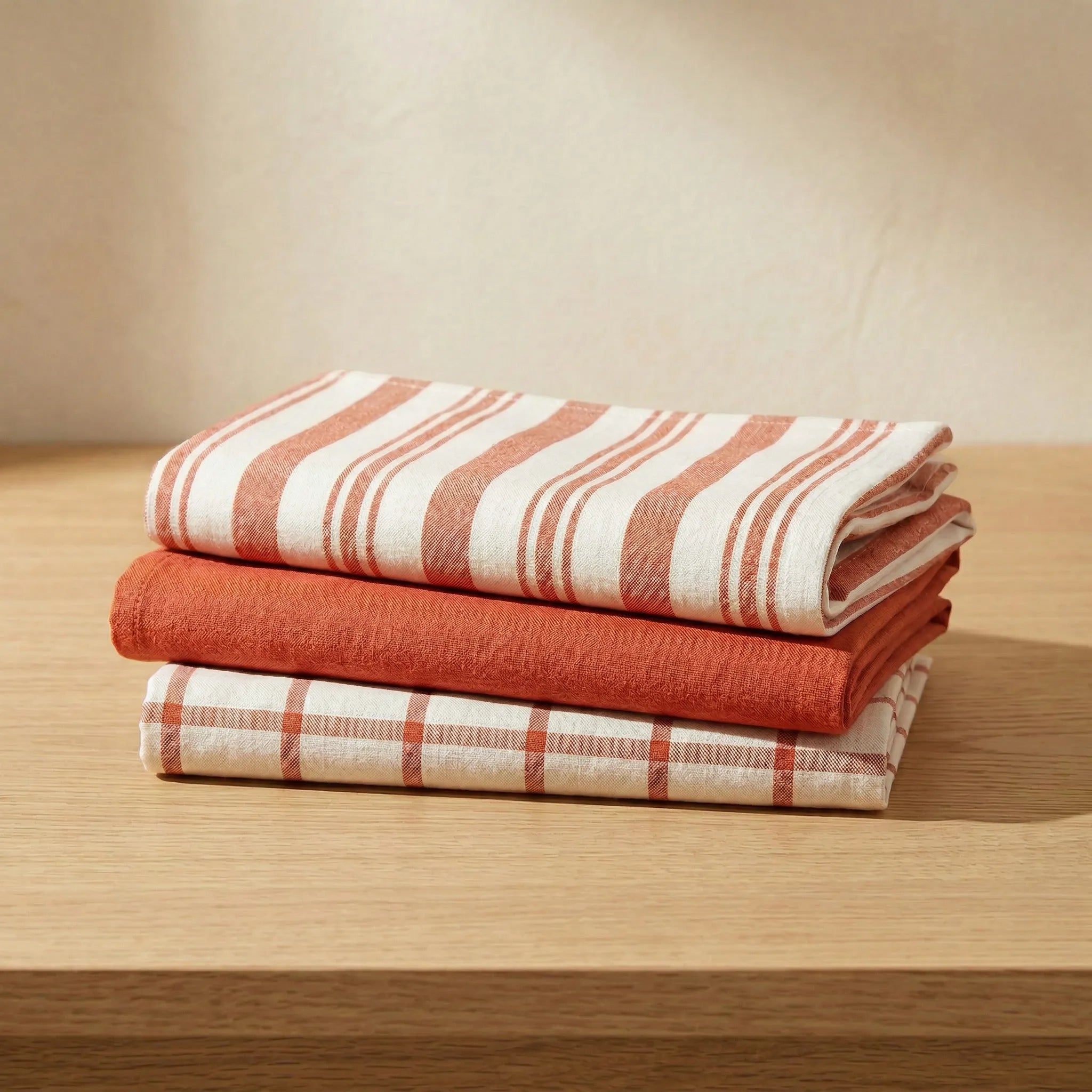 decade classics rust kitchen towels of 100% cotton -  stacked and folded on a wooden table from Hem And Tassel