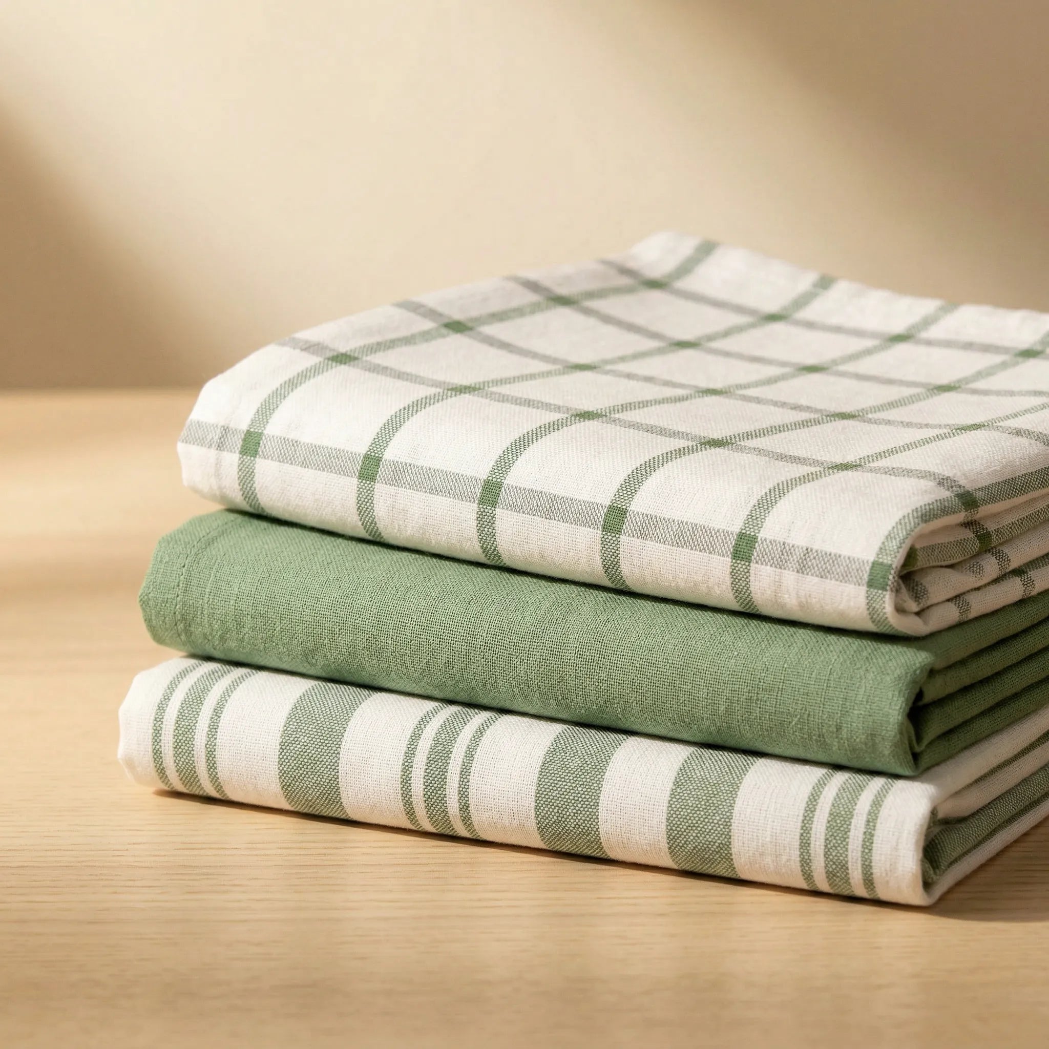 decade classics turf kitchen towels of 100% cotton - stacked and folded on a wooden table from Hem And Tassel