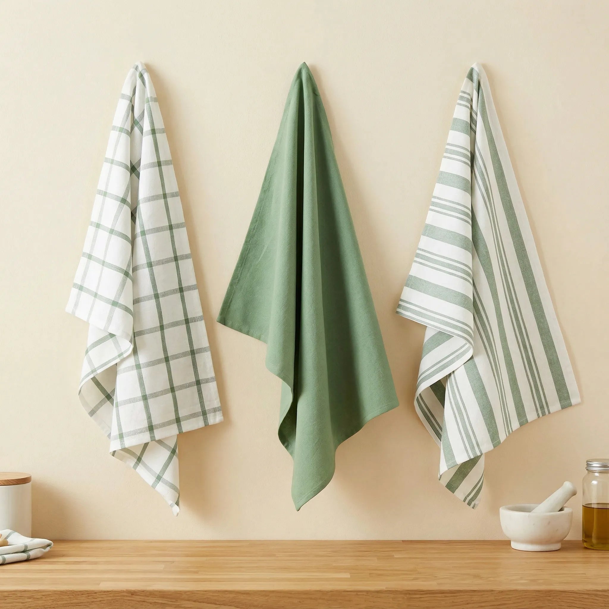decade classics turf set of three 1kitchen towels of 100% cotton -  hanging against a cream backdrop from Hem And Tassel 
