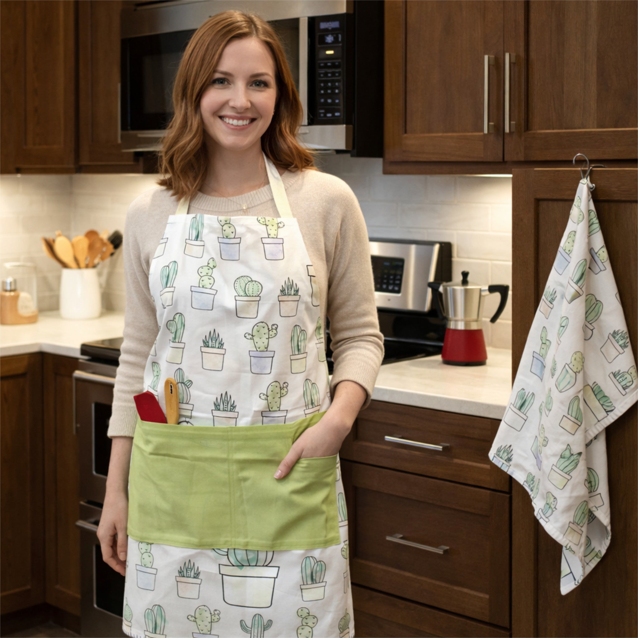 desert haze Apron on a woman in a kitchen and a desert haze kitchen towel