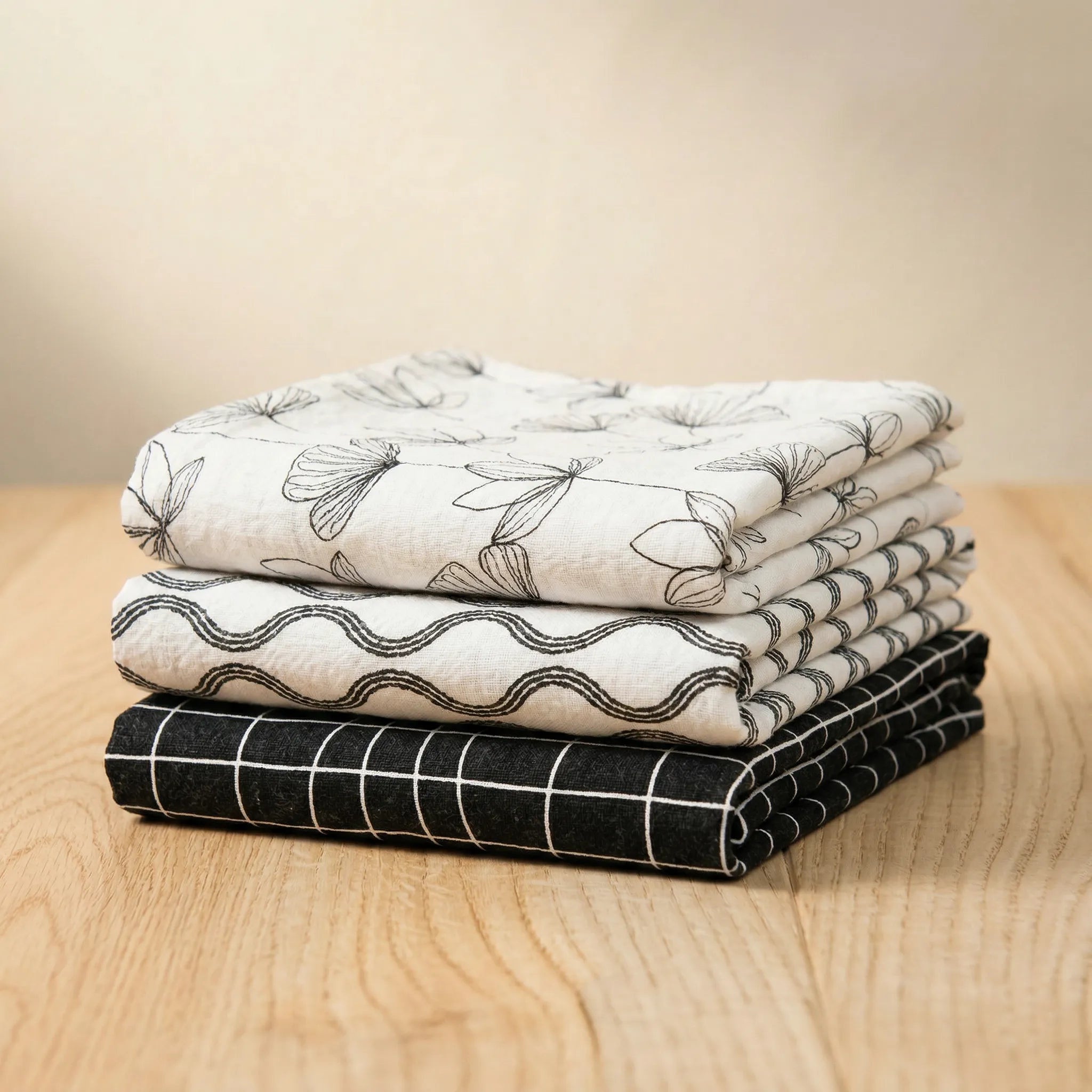 crinkled flour sack - set of three 100% cotton kitchen towels in black and white designer prints, folded and stacked on a wooden surface, from Hem And Tassel