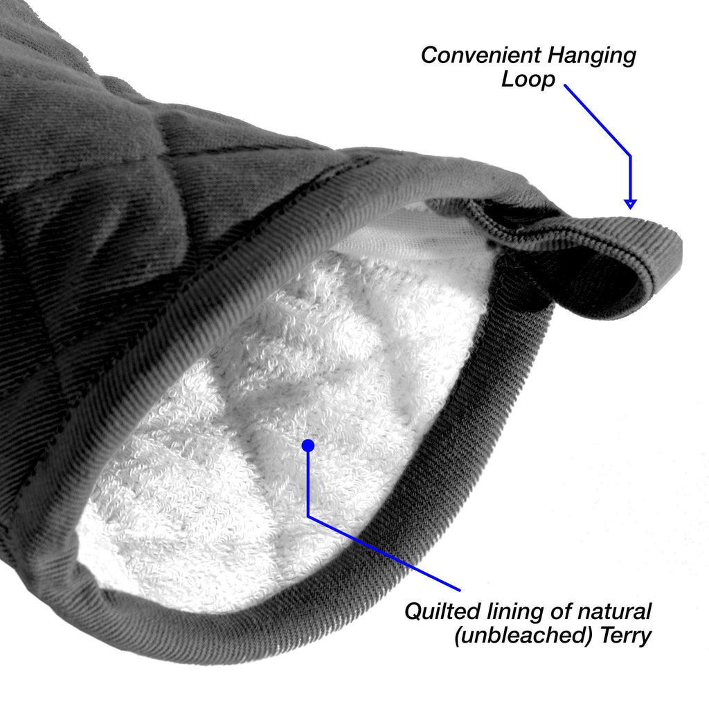 detail and text for pure cotton oven mitts from Hem And Tassel highlighting quilted lining of natural Terry and convenient hanging loop
