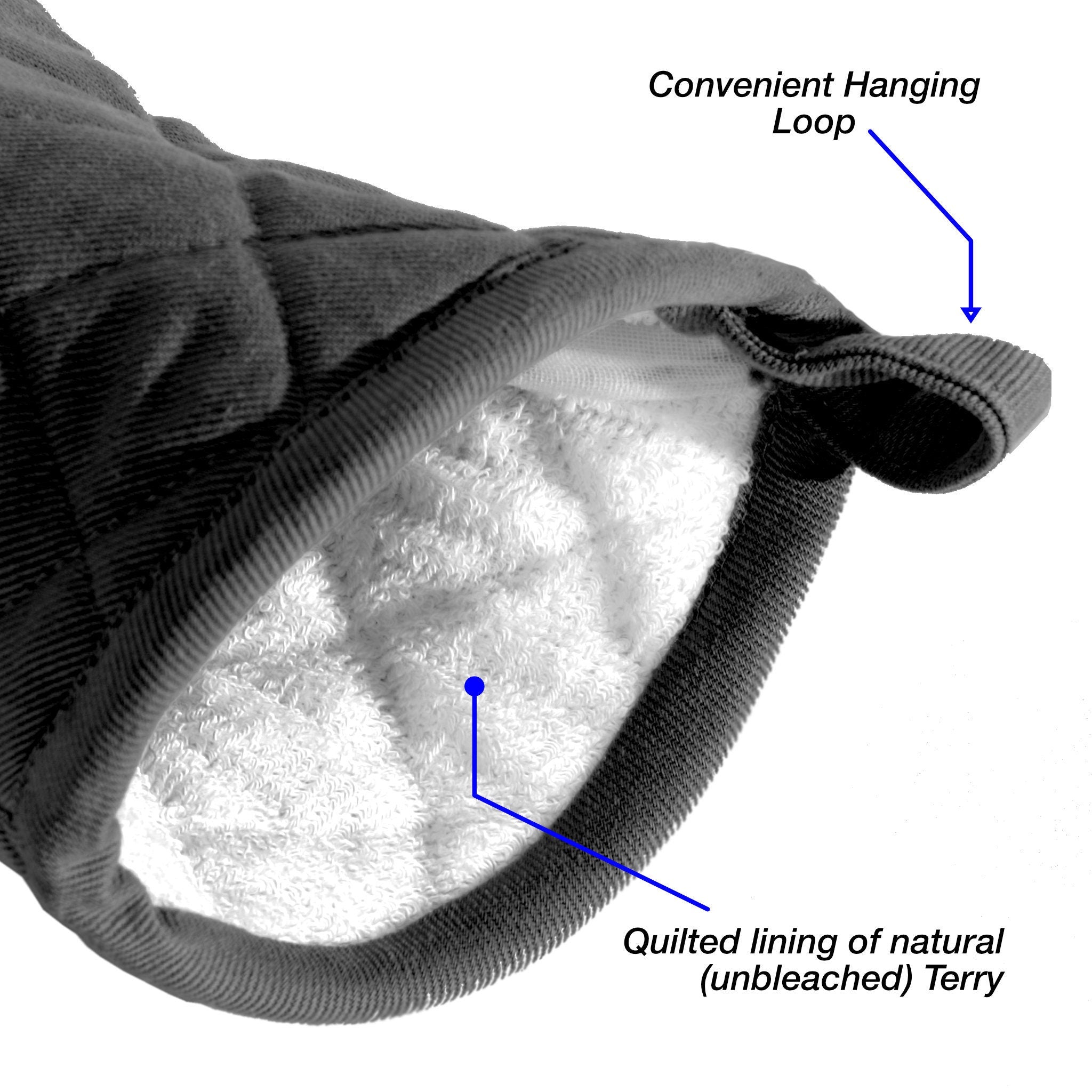 detail and text for pure cotton oven mitts from Hem And Tassel highlighting quilted lining of natural Terry and convenient hanging loop