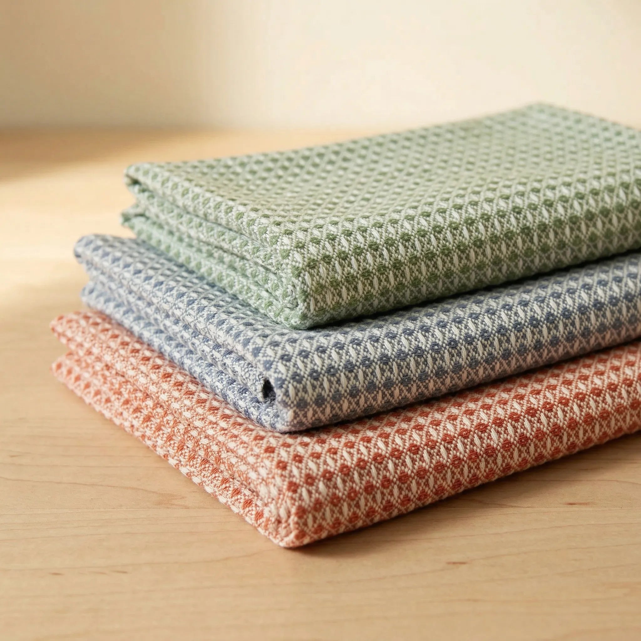 diamond waffle  - set of three 100% cotton kitchen towels in rust, blue and turf, on a light wooden surface, from Hem And Tassel