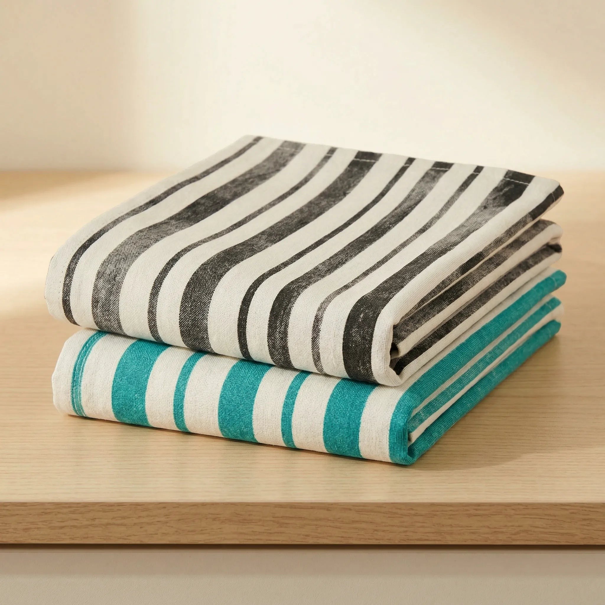 distressed strips kitchen towels of 100% cotton in a set of two - one charcoal and one green, folded and stacked on a wooden surface, from Hem And Tassel