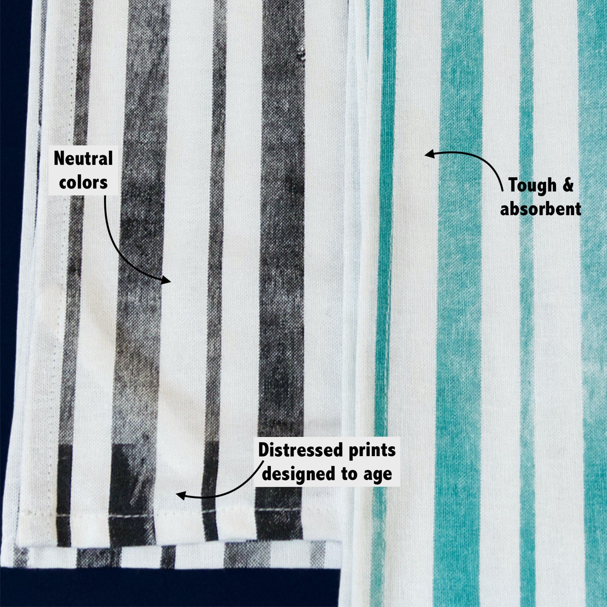 distressed stripes tea towels with neutral colors, distressed prints, and tough absorbent properties from Hem And Tassel 