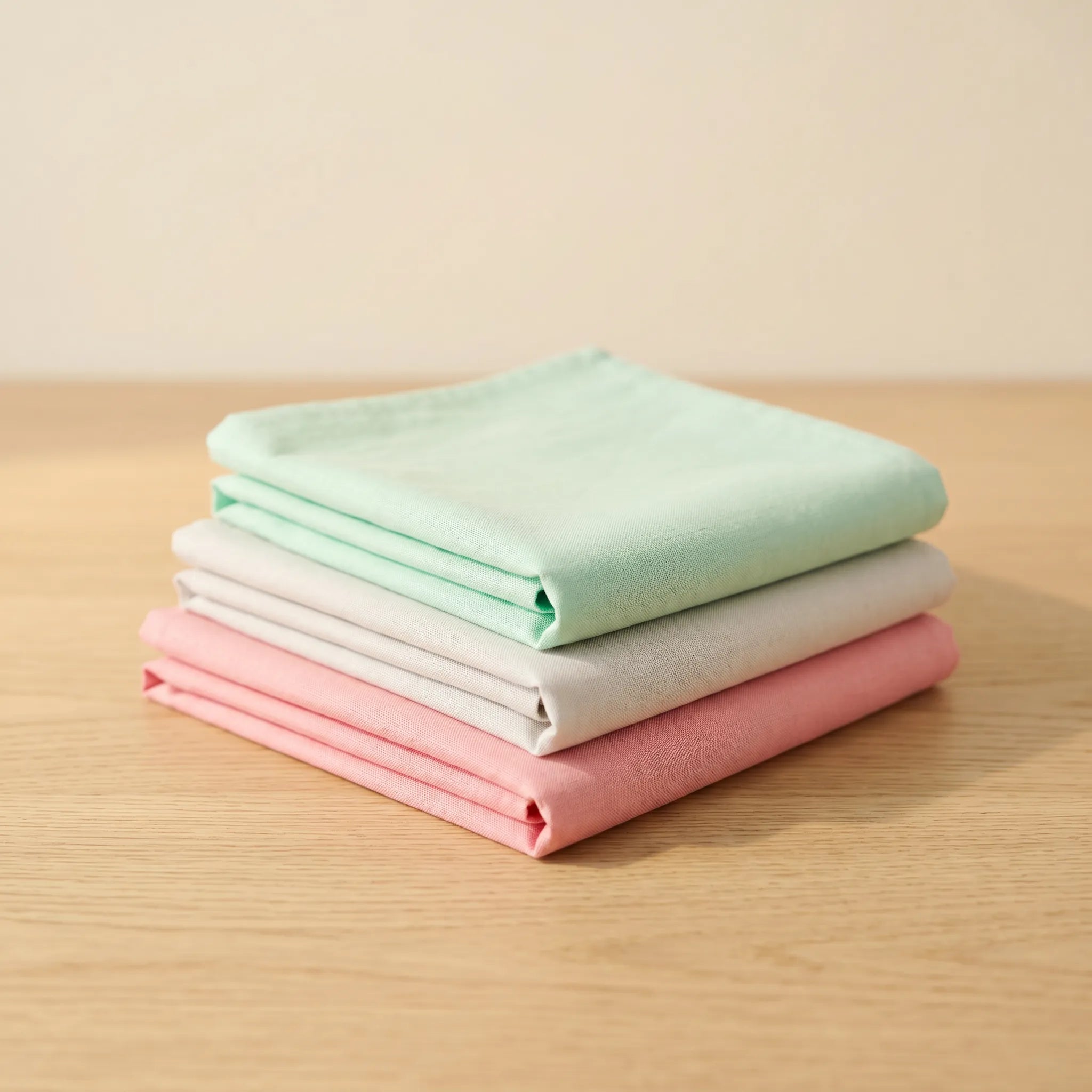 ultra fine weave - set of three 100% cotton kitchen towels in soft pastel shades of pink, grey and foam, folded and stacked on a wooden table, from Hem And Tassel