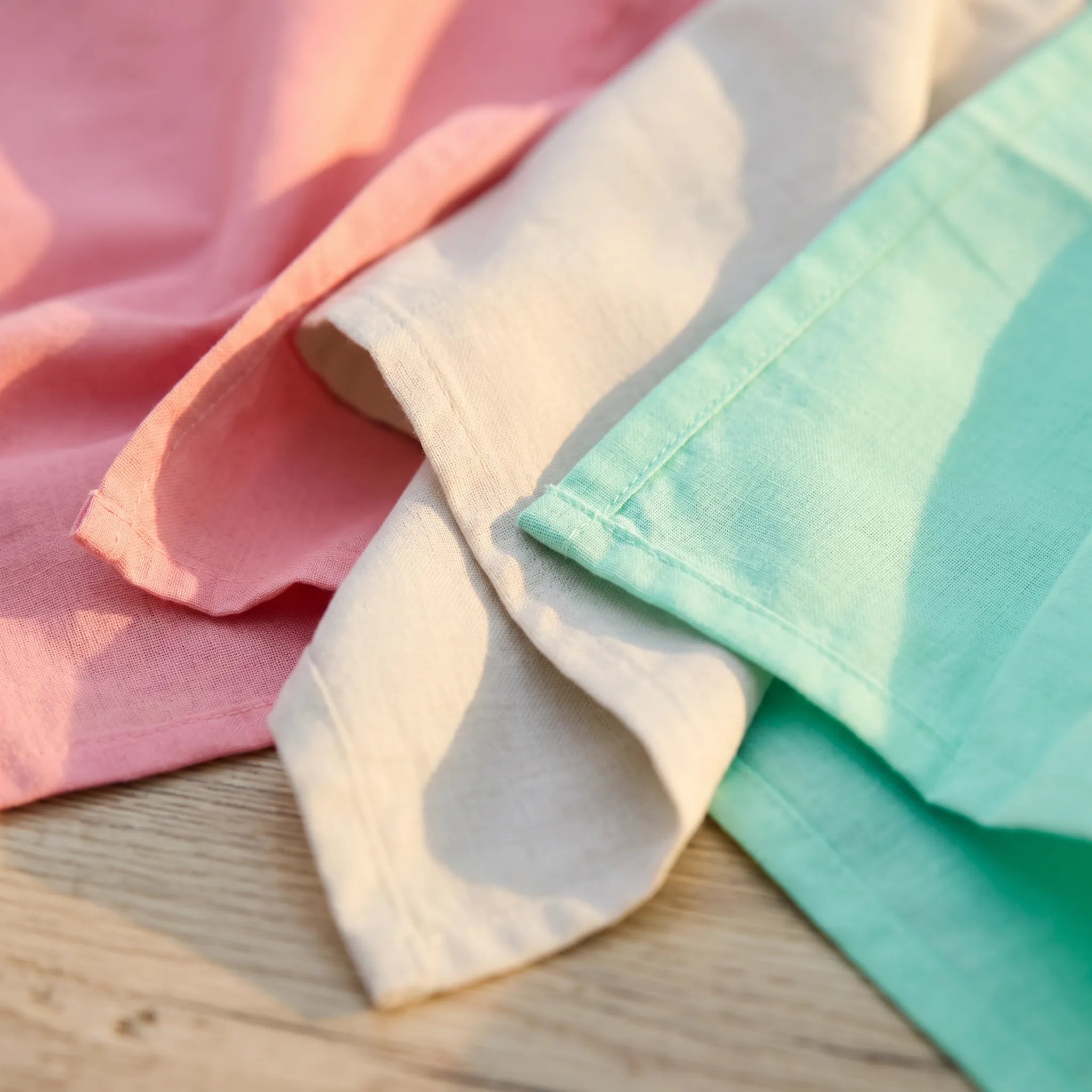 ultra fine weave - set of three 100% cotton kitchen towels in soft pastel shades of pink, grey and foam, close up, from Hem And Tassel
