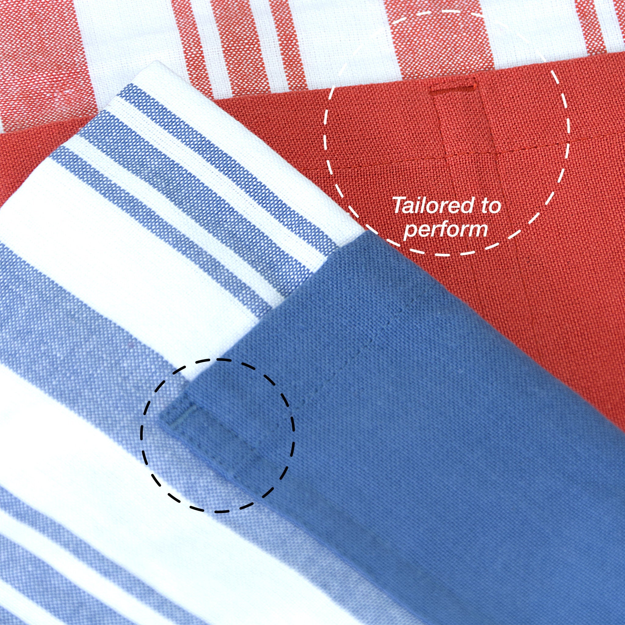 Close-up of fabric with red, blue, and white patterns, highlighting stitching details on everyday classic aprons from Hem And Tassel 