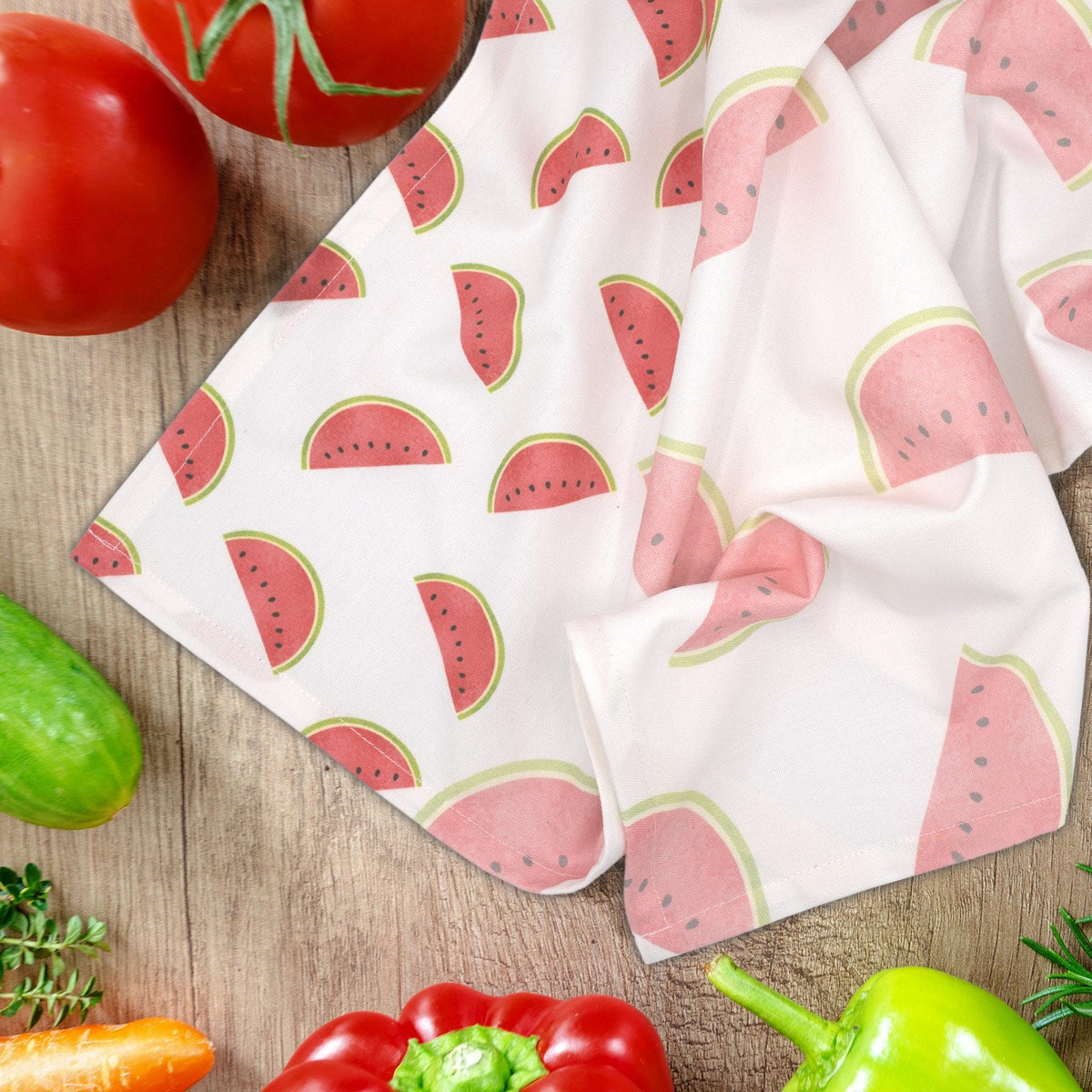 rich cotton percale kitchen towel of faded melon design with fruit and vegetables - from Hem And Tassel