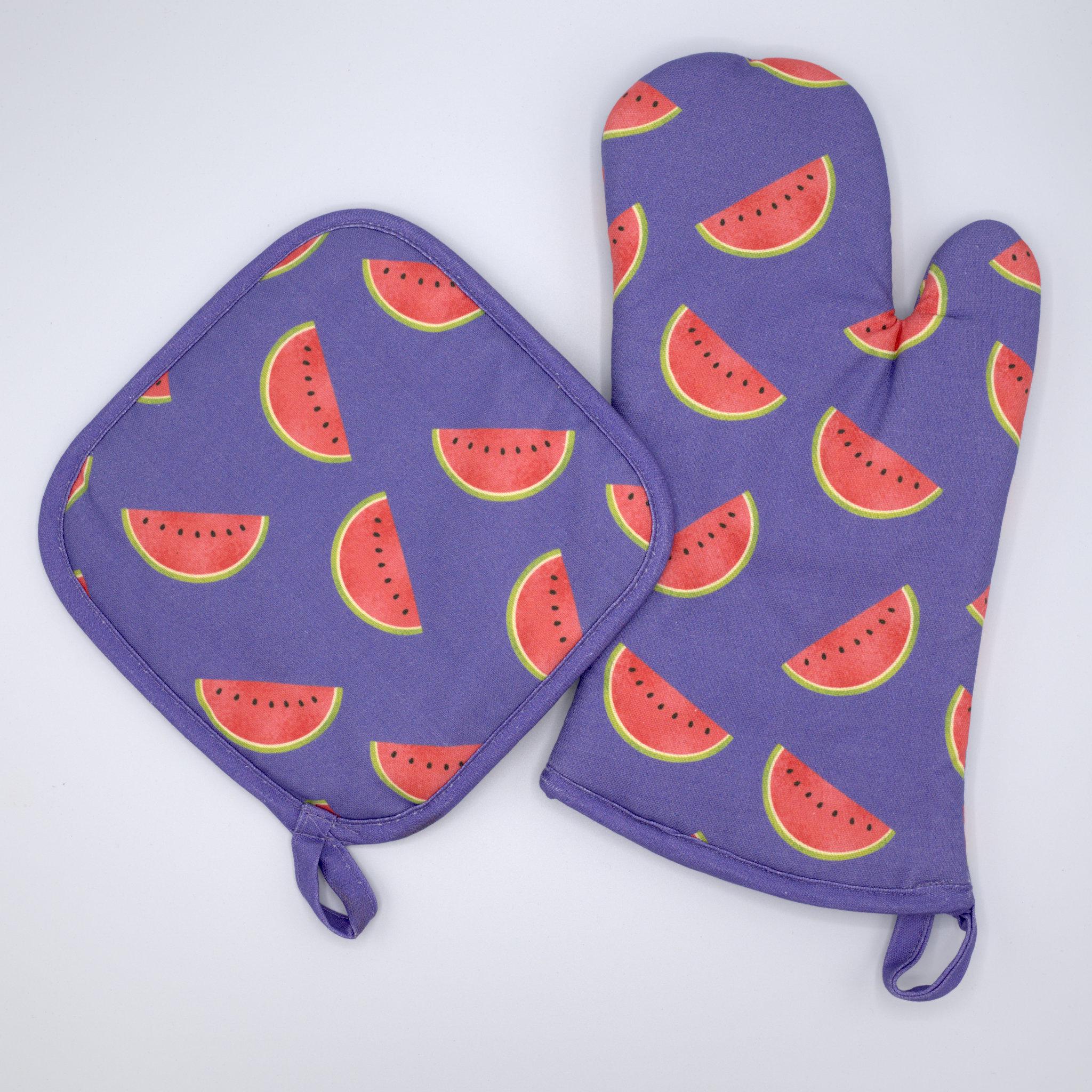 purple faded melon oven mitt and pot holder on light grey background with melon print from Hem And Tassel
