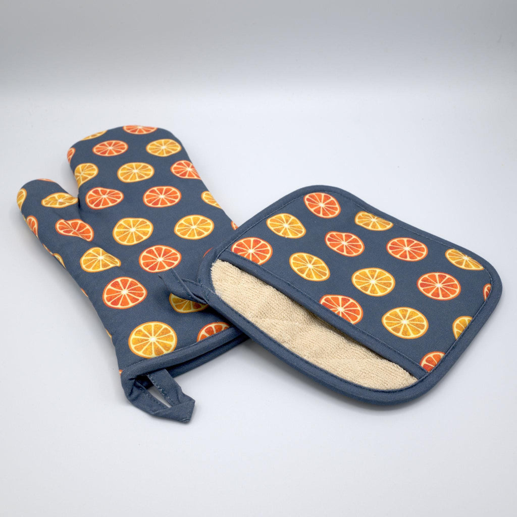 faded orange design, pocketed cotton pot holder and oven mitt from Hem And Tassel on a light grey background