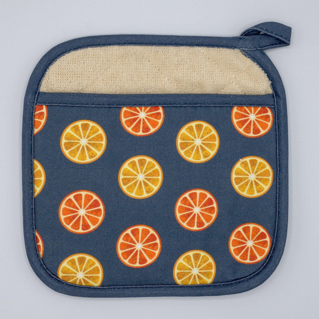 faded orange design, pocketed cotton oven mitt from Hem And Tassel on a light grey background