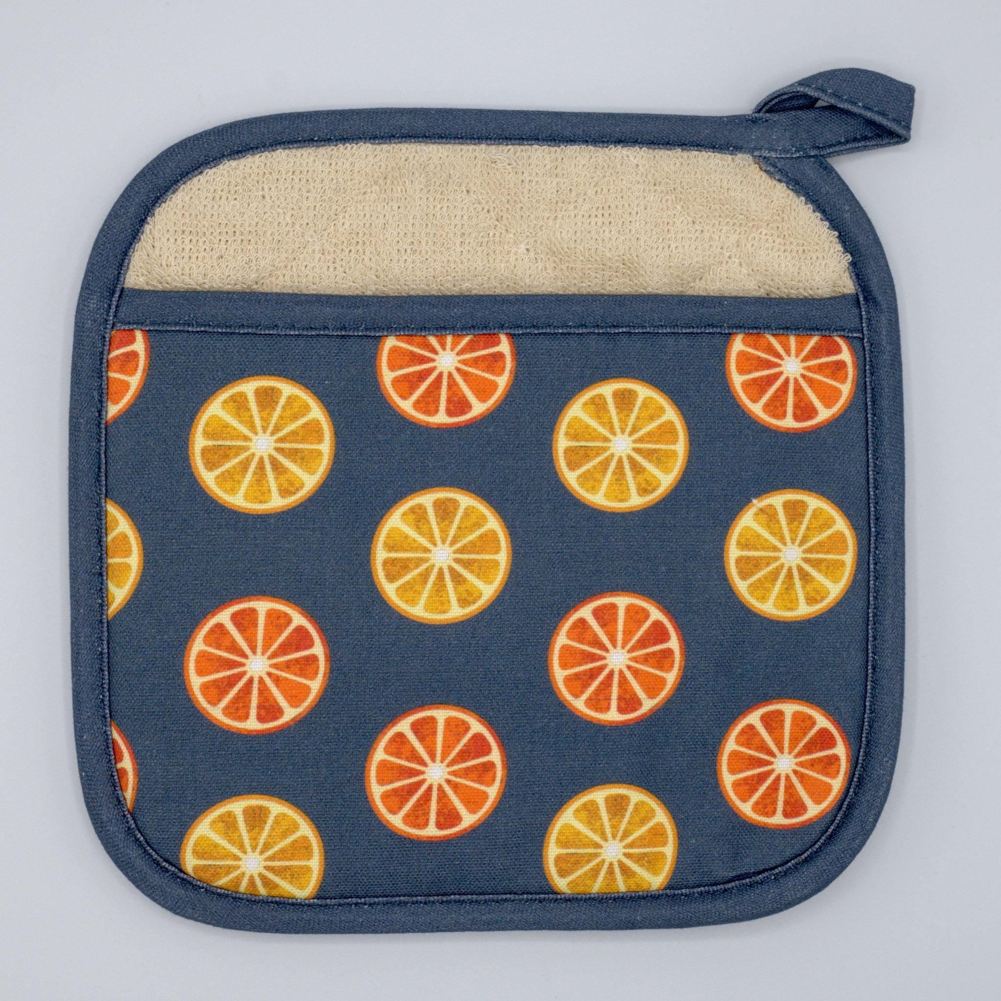 faded orange design, pocketed cotton oven mitt from Hem And Tassel on a light grey background