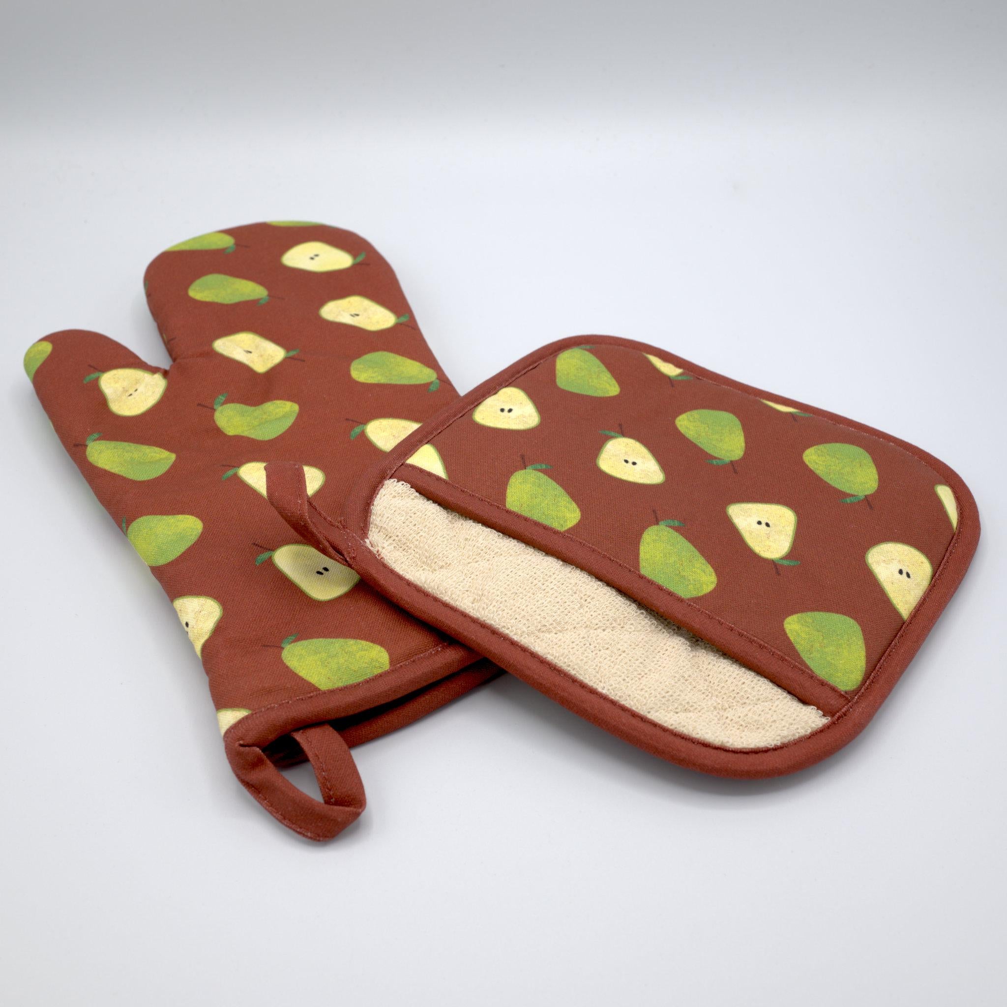 Clay Oven mitt and pocketed pot holder with faded pear pattern from Hem And Tassel on a white background